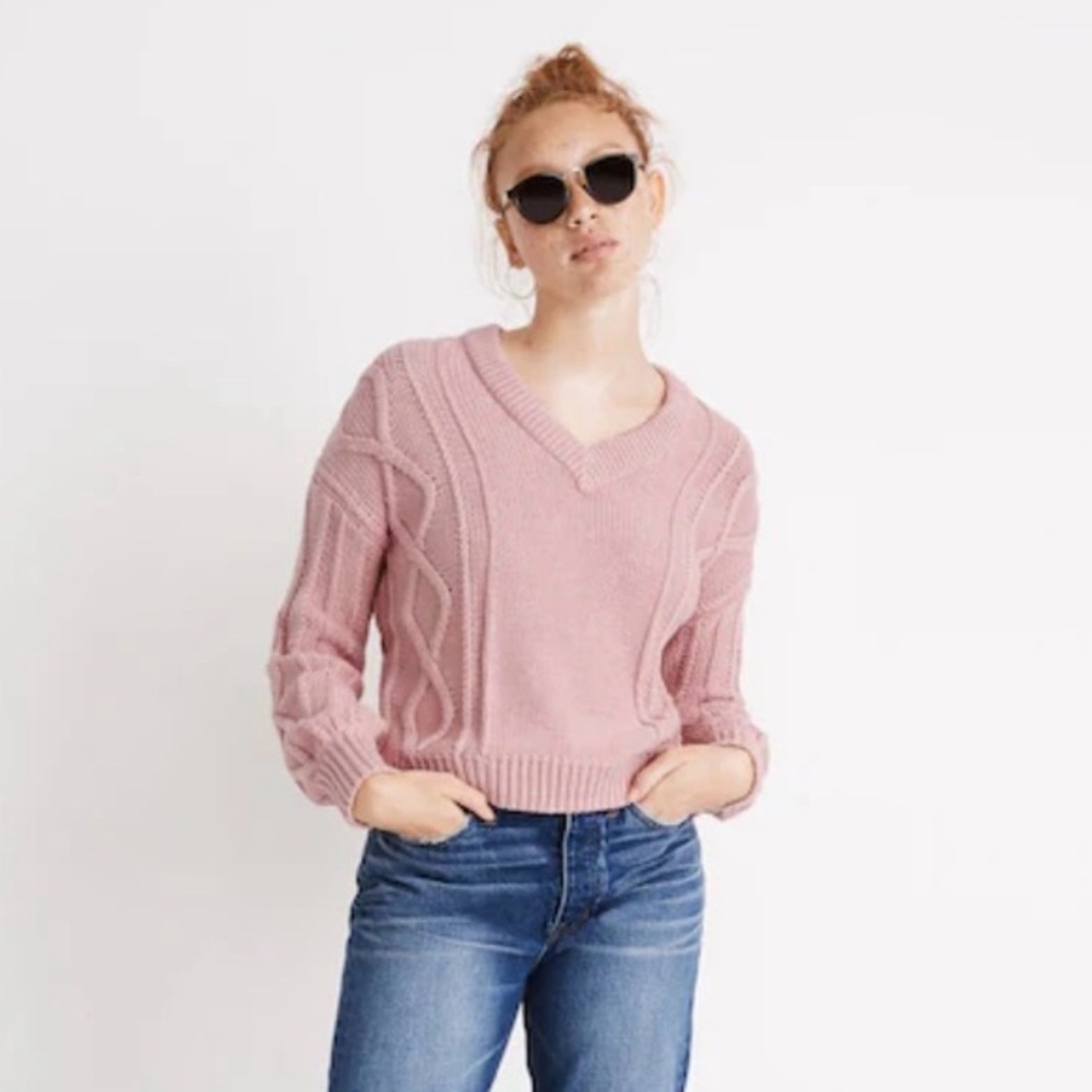 Madewell Pink Augustus Cable Knit V-Neck Sweater